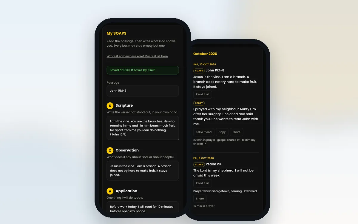 Two phone screens from the My Walk app showing a SOAPS entry and a daily journal